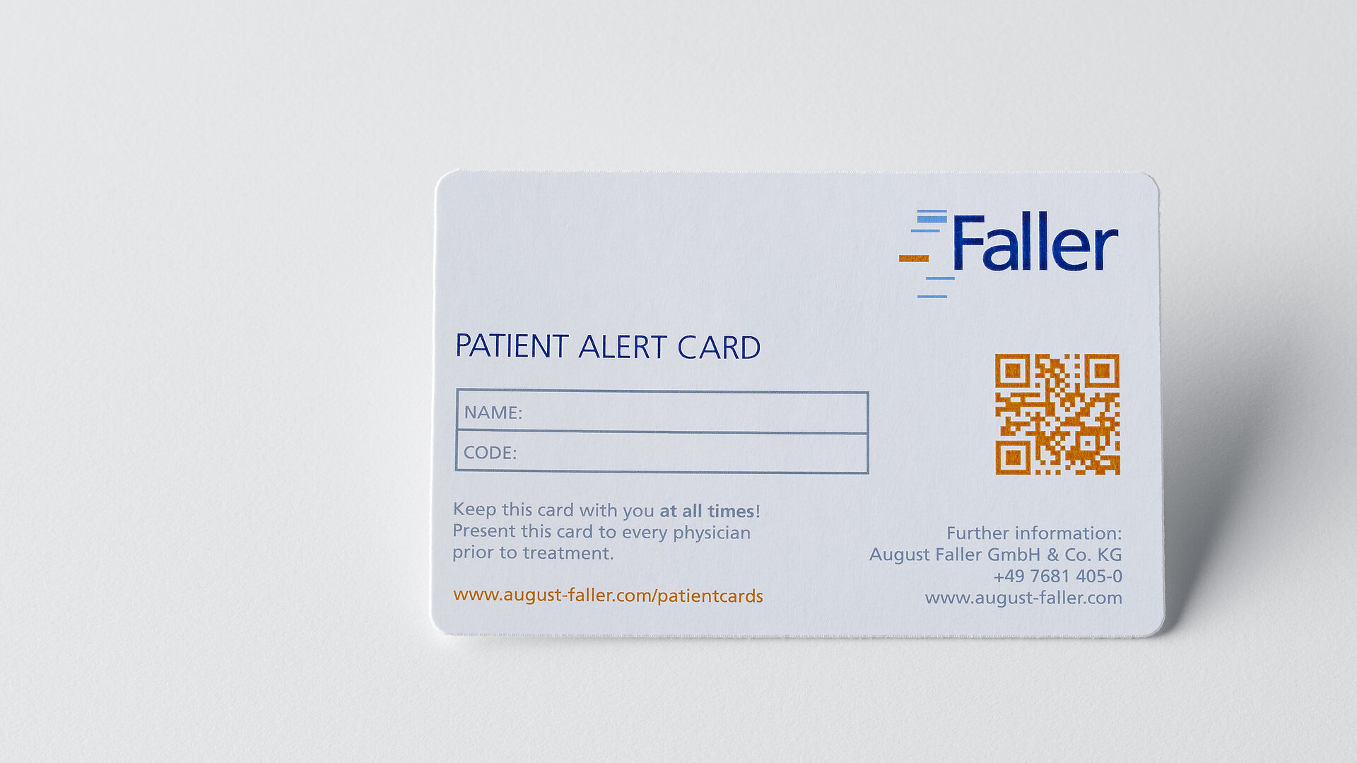 Carte Patient Alert de Faller Packaging – carte patient sécurisée avec code QR pour une identification rapide et une documentation fiable dans l’industrie pharmaceutique.
