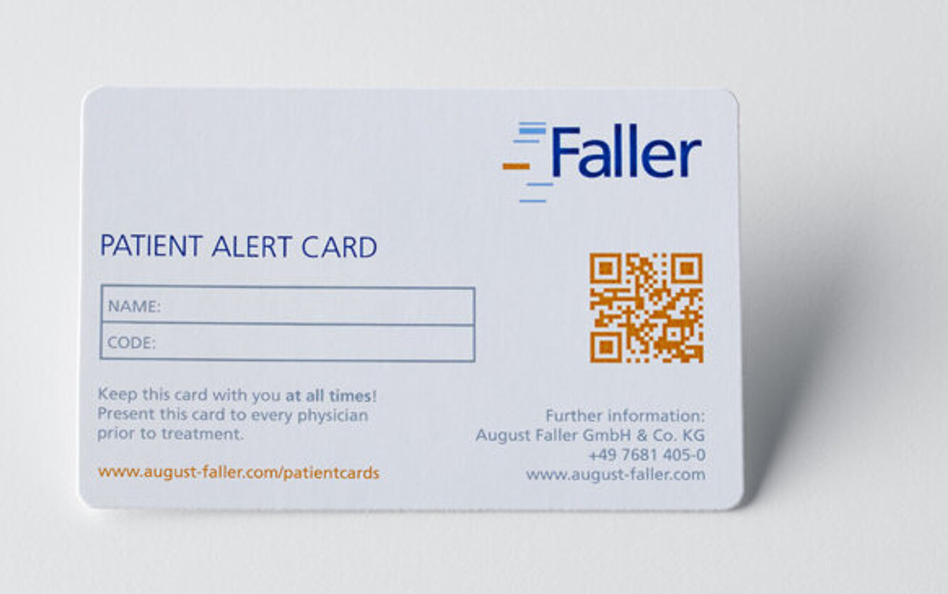 Faller Packaging patient alert card with QR code for secure patient documentation