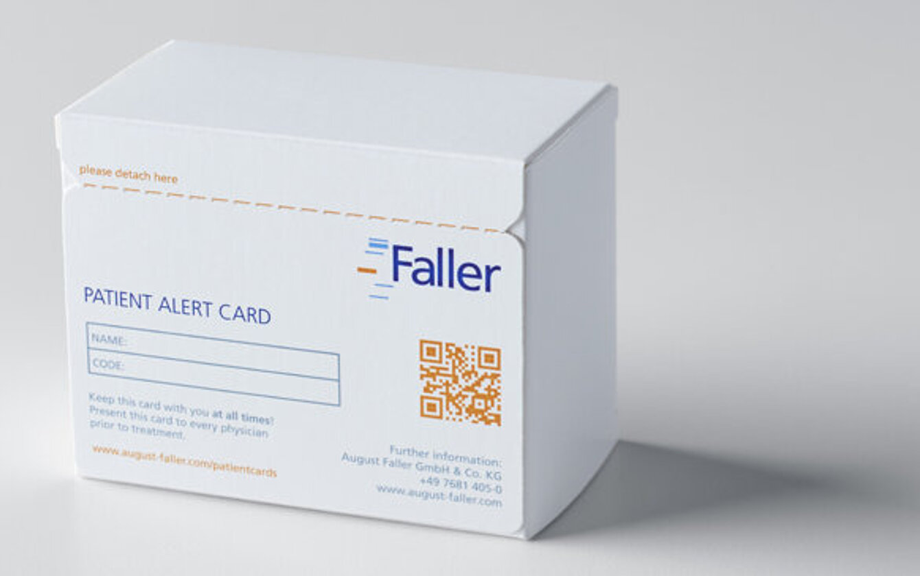 Medicine folding carton with integrated patient alert card by Faller Packaging for secure documentation