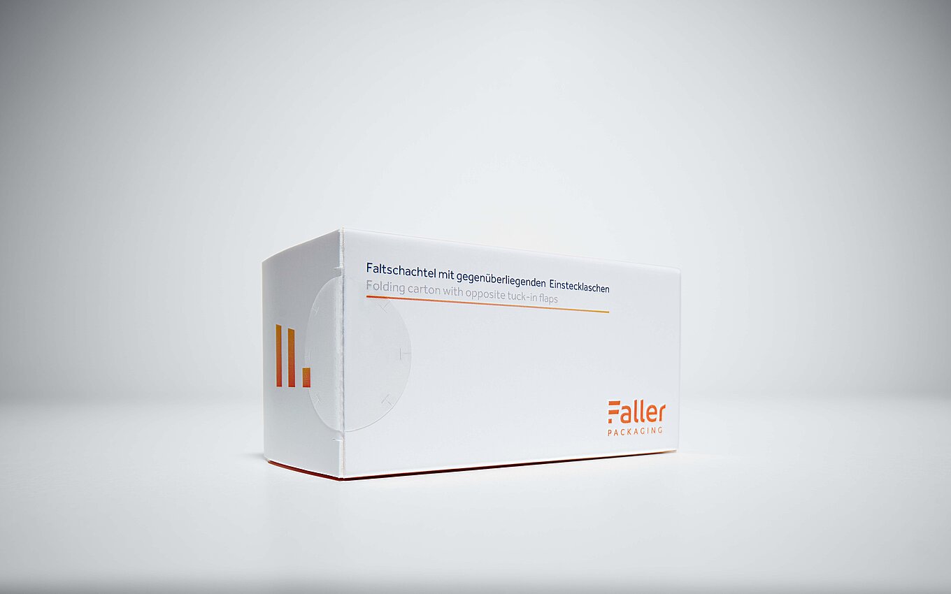 Faltschachtel mit gegenüberliegenden Einstecklaschen von Faller Packaging – sichere und stabile Verpackung für Pharma-Produkte.