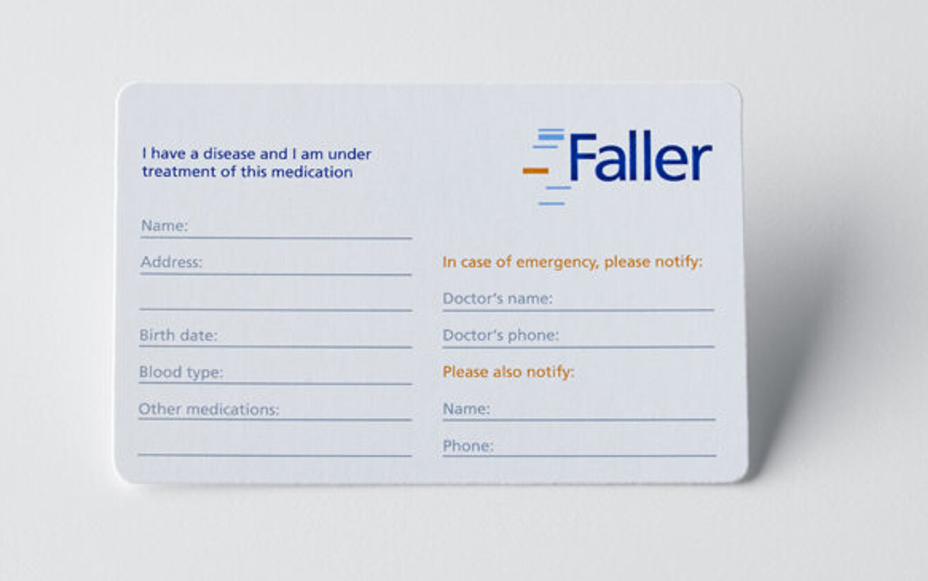 Back of Faller Packaging patient alert card with emergency and patient information fields