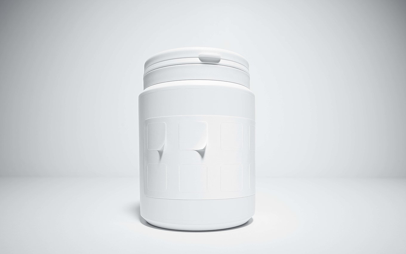 Pharmaceutical container with integrated information label for secure medication documentation by Faller Packaging.