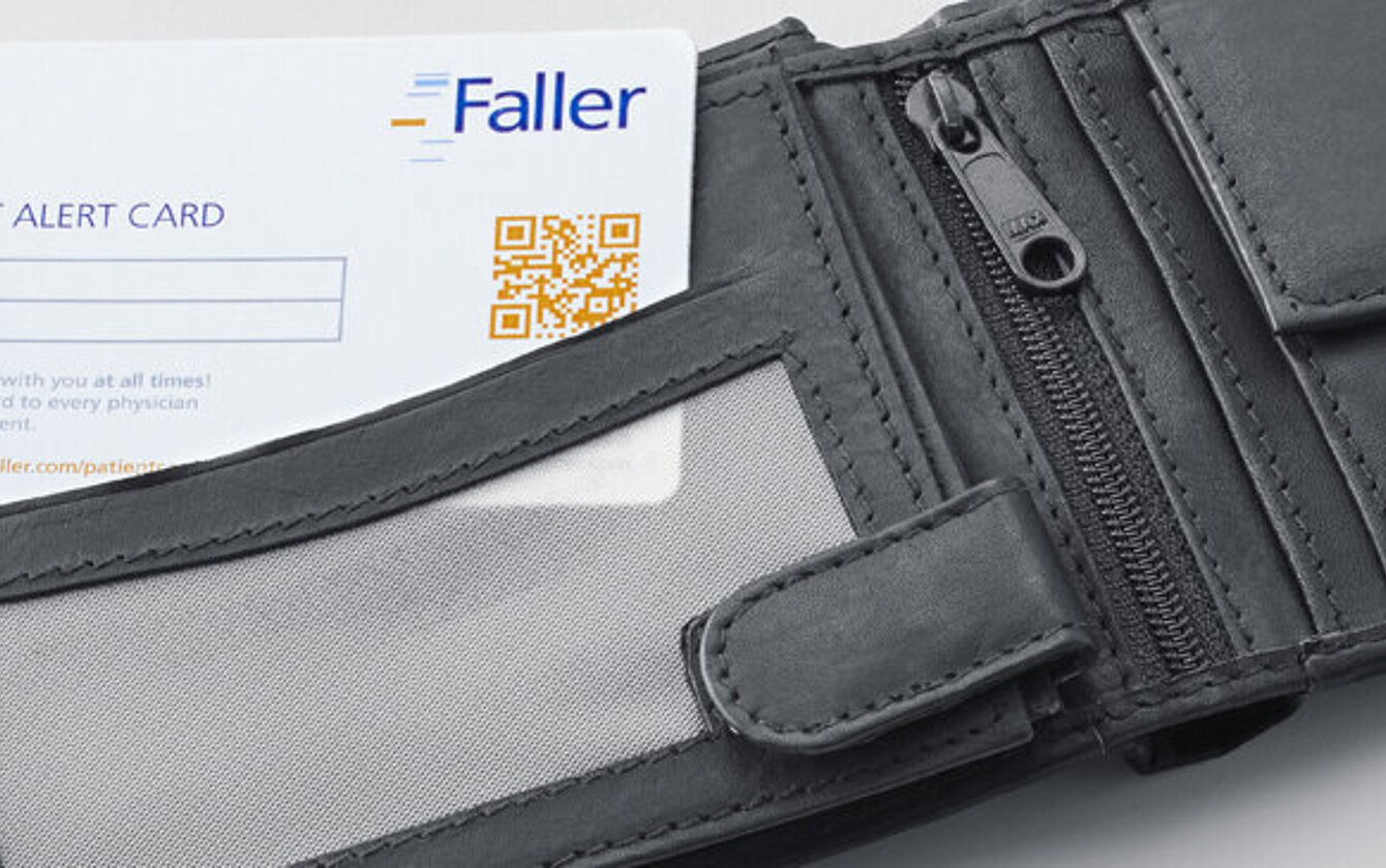 Faller Packaging patient alert card stored in wallet for easy portability