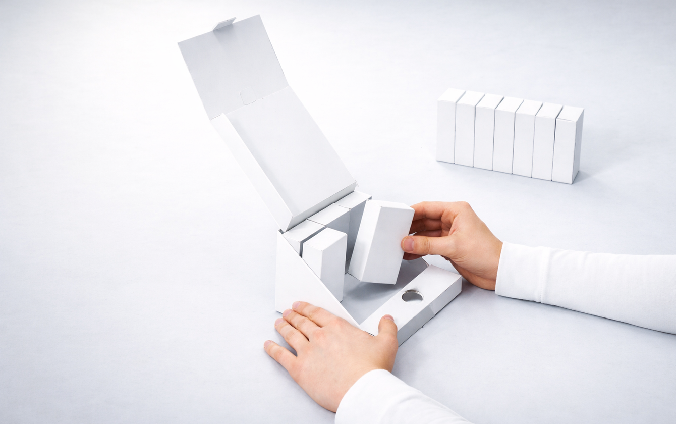 Precise assembly of a display with folding cartons for the best possible product presentation at the point of sale.