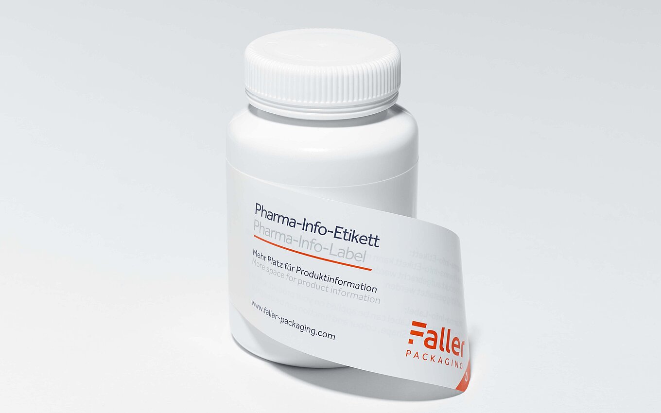 Plastic container with pharma info label for additional product information by Faller Packaging.