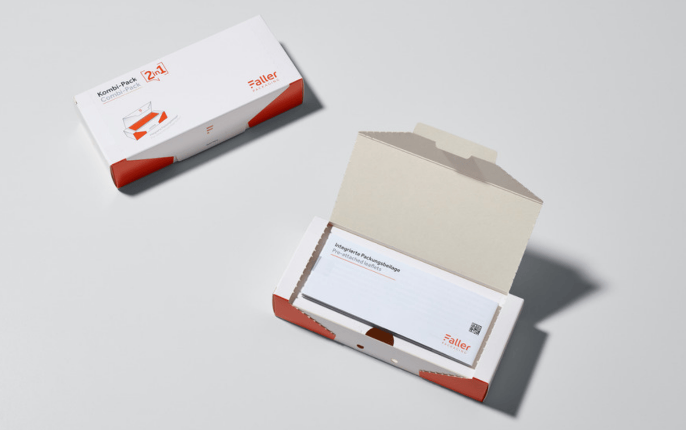 Kombi-Pack Excellence: Faltschachtel mit obenliegender, integrierter Packungsbeilage für patientenorientierte Erstentnahme in der pharmazeutischen Sekundärverpackung.