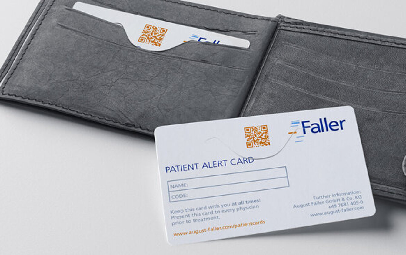Patient alert card by Faller Packaging conveniently stored in a wallet for on-the-go use