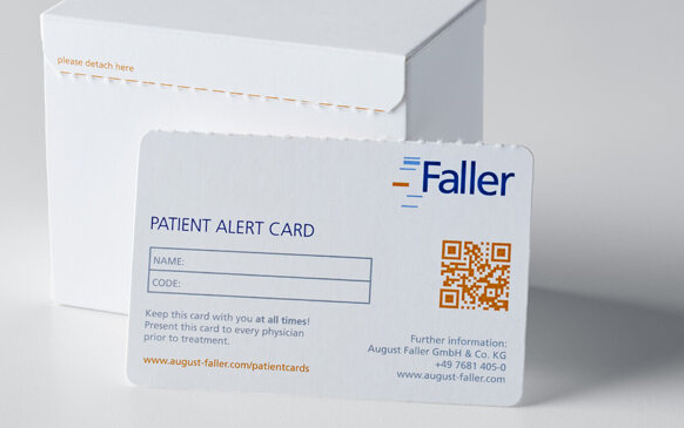 Detachable patient alert card on folding carton by Faller Packaging for patient information