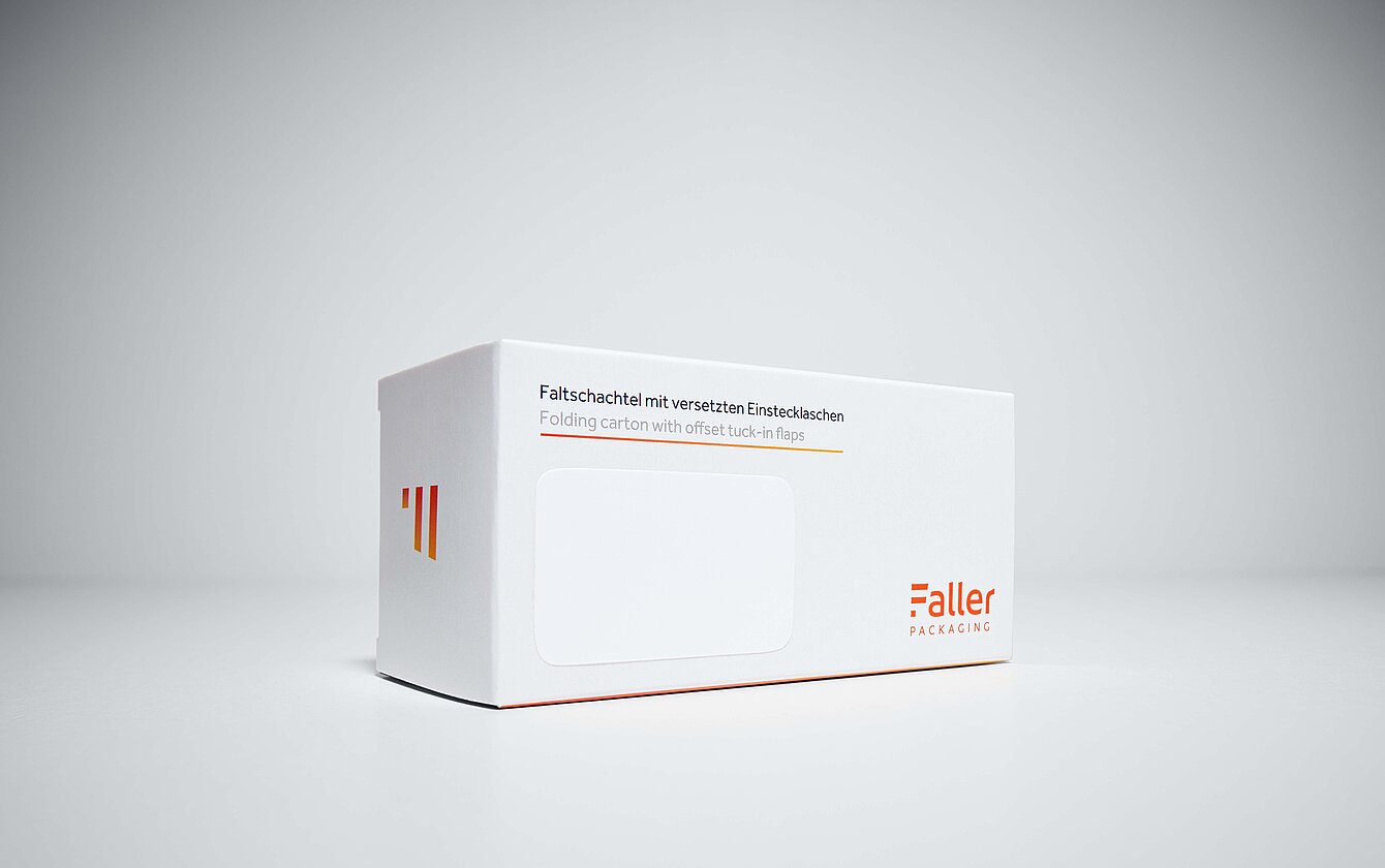 Folding carton with offset tuck-in flaps from Faller Packaging – stable and secure solution for pharmaceutical products.